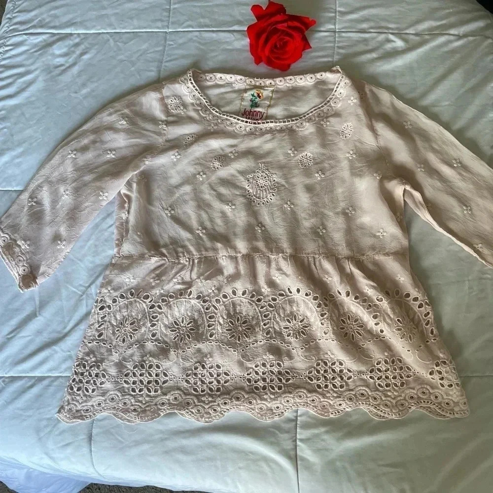 Johnny Was sheer light pink eyelet top